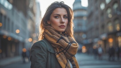 Fototapeta premium Portrait of a young woman with long hair, wearing a stylish scarf, against a bustling urban backdrop during golden hour