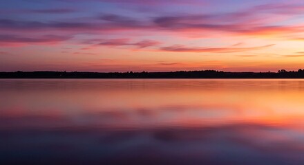 Obraz premium Abstract Lake Reflections at Dusk | Colorful Twilight Sky, Smooth Water Surface Patterns, Serene Tranquil Waterscape, Pink Purple Orange Hues, Minimalist Evening