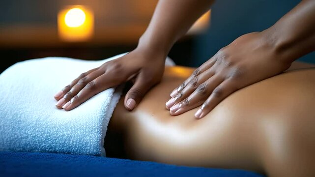 Close-up of a therapist&rsquo;s hands performing deep tissue massage on a relaxed woman&rsquo;s back, with warm towels, flickering candles, and herbal aromas filling the peaceful spa environme