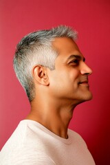 Fototapeta premium Fashionable men's curtain bangs haircut - midlife indian man with short hair. A trendy man showcasing a fashionable hairstyle. Red solid background. Conceptual art of style for aging men.