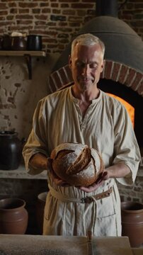 Boulanger souriant tenant un pain rustique devant un four traditionnel

