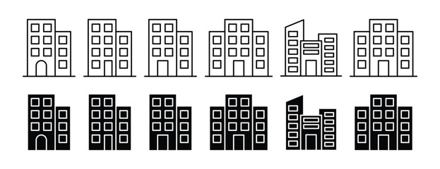 Building icon set of apartment architecture real estate skyline structure vector illustration in modern outline and filled style design collection.