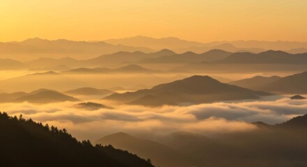 Misty Mountain Range at Sunrise | Atmospheric Layered Peaks, Serene Golden Light, Majestic Foggy Landscape, Tranquil Wilderness Vista, Ethereal Morning View