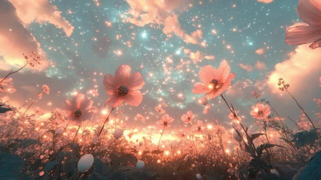 Dreamy video of pink cosmos flowers in a field with a sparkling sky and clouds. The scene evokes a sense of fantasy, peace, and ethereal beauty, ideal for dreamy and nature related projects.