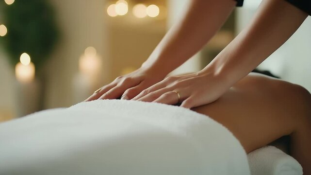 A zen-inspired treatment room hosts a calming back massage with fragrant oils and hot towels, while the woman lies still under the care of an experienced masseuse.