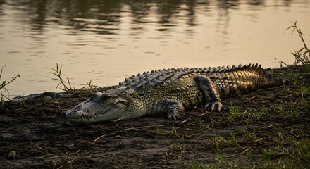 Obraz premium Large reptile resting near water edge, wildlife photography of a dangerous animal in nature on transparent background