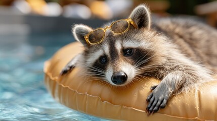 Cute raccoon in yellow sunglasses enjoys a sunny day on an inflatable ring in a pool while relaxing with a friend