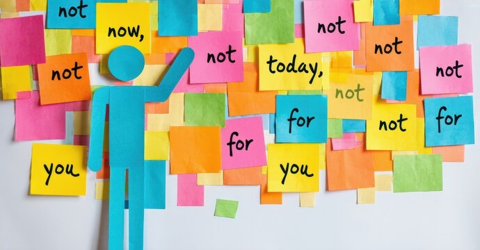 Stick figure surrounded by colorful sticky notes. Notes display phrases like not now, not today, for you. Procrastination concept.