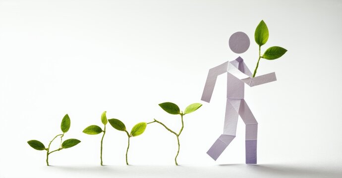 Plant growth symbolizes career progression. Paper figure walks toward success, representing development stages. Positive imagery conveys ambition.