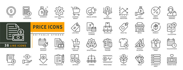 Minimalist Price line icons set with editable stroke, featuring badget calculator, expensive, cost, price down, list price, shopping insight, special offers, estimate, low price, retail, illustration.