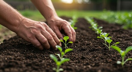 Gardener's Hands Tending to Green Sprouts | Nurturing Growth, Rich Soil, Environmental Care, Natural Sunlight, Small Plant Care, Sustainable Living