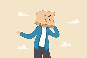 Unhappy employee or unsatisfied customer, depressed from overworked or business failure, anxiety or stressed from work, frustrated businessman covered with cardboard box with unhappy sad face.
