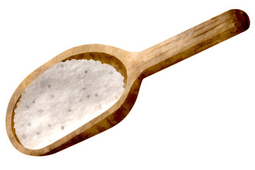 Watercolor illustration of a wooden spoon filled with salt on a transparent background.