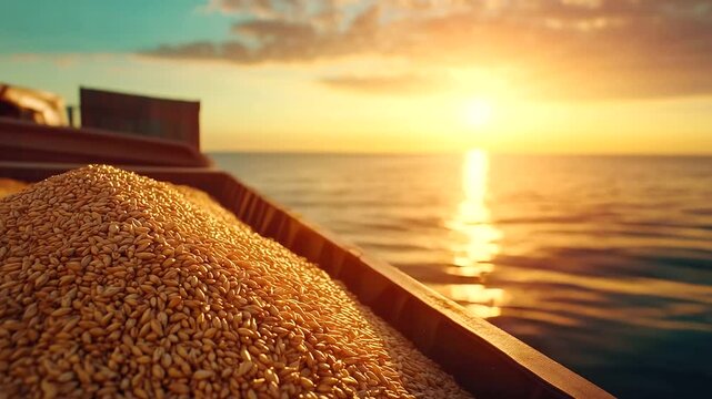 Aerial view of cargo containers filled with wheat grains being unloaded from a docked vessel, highlighting European grain trade and export logistics against a sunset sky