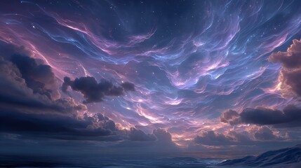 Fototapeta premium Colorful swirling nebula cloudscape in outer space with glowing energy lines.