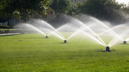Field being irrigated with sprinklers spraying in arcs