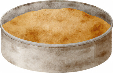 Watercolor illustration of a round baking tin filled with brown sugar on a transparent background