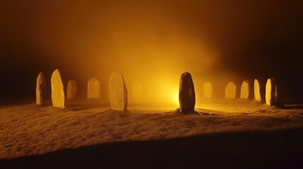 Mystical Night at the Megalithic Site: Orange Glow Illuminates Ancient Stones
