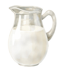 Watercolor illustration of a glass pitcher filled with milk on a transparent background.