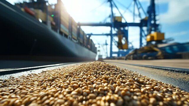 Wheat grains being carefully transferred from containers to massive transport ships, with towering cranes and machinery working in the background. Focus on European agricultural ex