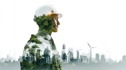 Construction worker with nature and city overlay representing sustainability or green energy.