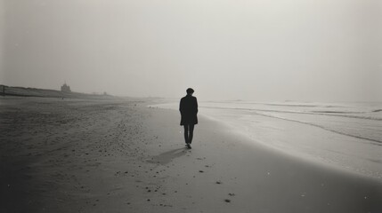 sea side , beach , black white analog photo, one man wearing black and long distance to camera