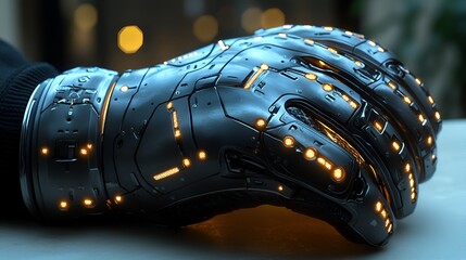 Futuristic metallic glove rests on a surface