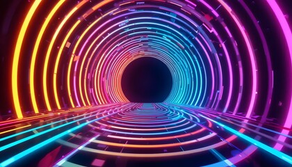 Fototapeta premium Abstract neon light tunnel with vibrant colors and geometric shapes