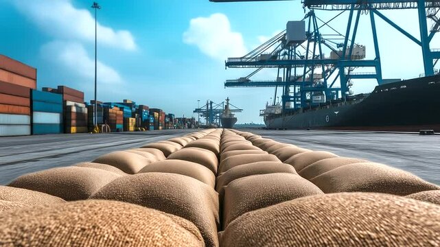 Rows of wheat grain sacks neatly stacked on a port dock, ready for loading onto large cargo vessels. View of port cranes and vast storage facilities for international shipments