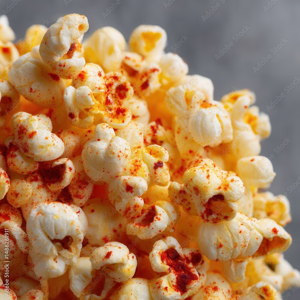 Poster close-up shot showcasing a cluster of seasoned popcorn, offering a tasty and appealing visual of thi