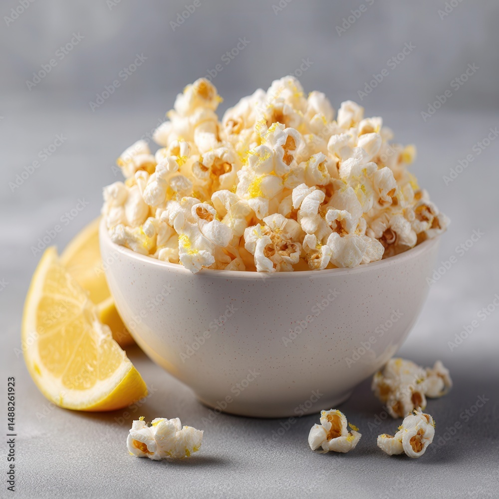 Poster lemon-flavored popcorn in a bowl, offering a unique sweet and sour flavor for a refreshing snack. sw