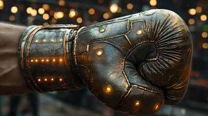 Futuristic boxing glove in urban setting