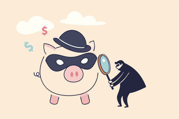 Financial crime, fraud, Ponzi scheme or illegal business, money laundering or fake investment concept, detective man with magnifying glass investigate on pink piggy bank wearing criminal mask.