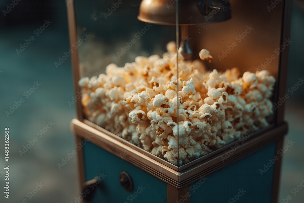 Poster nostalgic popcorn machine filled with fluffy, freshly popped kernels, ready to enjoy a classic movie