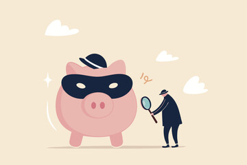 Financial crime, fraud, Ponzi scheme or illegal business, money laundering or fake investment concept, detective man with magnifying glass investigate on pink piggy bank wearing criminal mask.