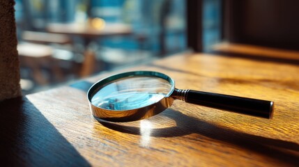 Magnifying glass on wooden surface with blurred background indoor setting.