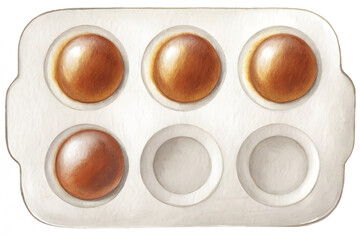 Watercolor illustration of cupcake pan with baked cupcakes on a transparent background.