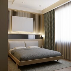 empty mockup on the wall in modern contemporary bedroom. 3d rendering