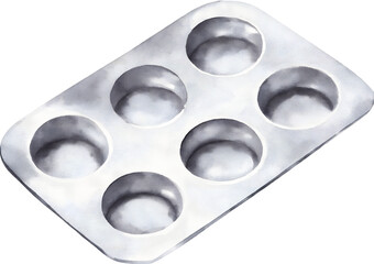 Watercolor illustration of a six-cup muffin tin on a transparent background.