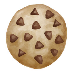 Watercolor chocolate chip cookie on a transparent background.