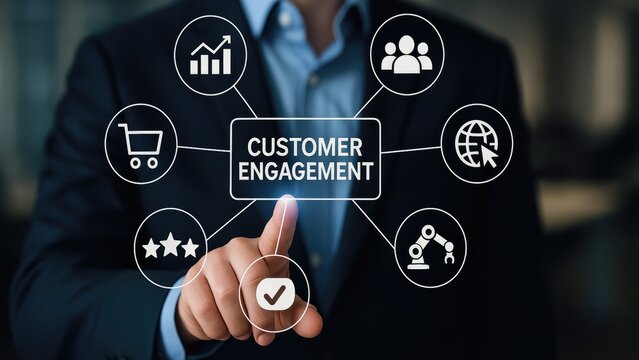 A businessman interacting with customer engagement icons showing modern marketing techniques.