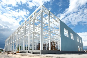 Obraz premium sustainable building materials,A large industrial building under construction with steel framework and partial siding beneath a blue sky with clouds.