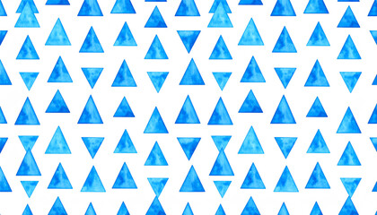 A pattern of blue watercolor triangles on a white background, creating a vibrant and artistic visual effect