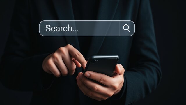 A person using a smartphone with a search bar in a dark environment.