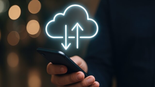 A person using a smartphone with cloud storage symbols for data upload and download.