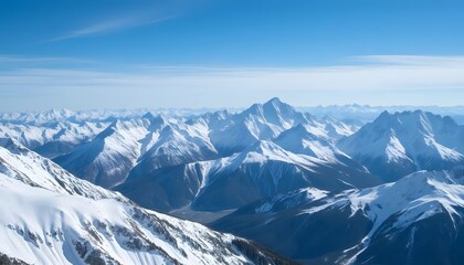 Fototapeta premium Aerial view of snow covered mountain range under bright blue sky