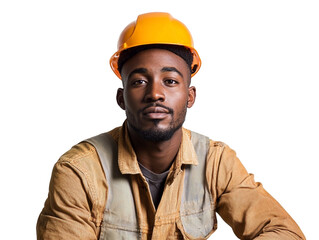 Portrait of a confident construction worker wearing a hard hat and safety vest, representing safety and professionalism in the industry, isolated