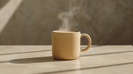 Beige mug of steaming coffee on a marble surface