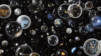Multiverse rendered as overlapping transparent spheres each containing different natural laws civilizations and energies featuring alternate dimensions