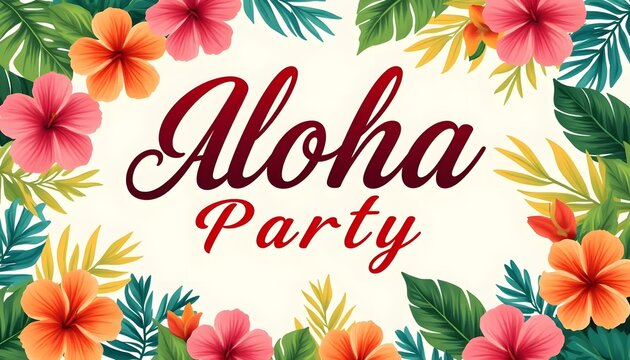 Aloha Party invitation background with vibrant tropical flowers and leaves